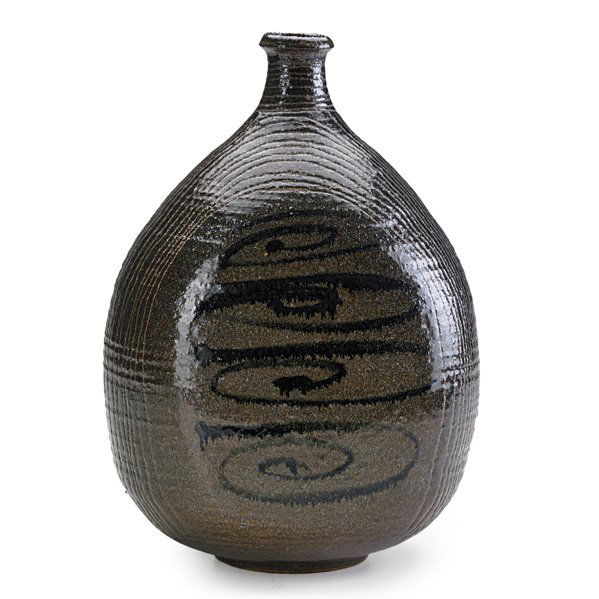 ANTONIO PRIETO: Bulbous stoneware vase with glazed and incised decoration, California, 1950s; Signed; 10" x 7"