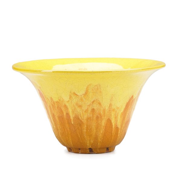 GLEN LUKENS: Flared bowl in yellow and orange crackled glaze, Los Angeles, CA, 1930s; Partial signature, obscured by grinding; 4 3/4" x 8 1/4"