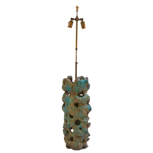 STUDIO: Free-form lamp base decorated with concentric circles, 20th c.; Glazed earthenware, brass fittings; Unmarked; 45 3/4" x 9" dia.