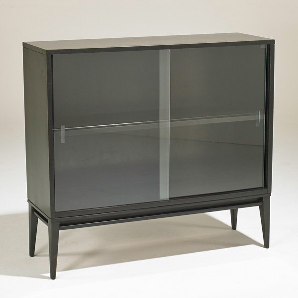 PAUL McCOBB; WINCHENDON: Bookcase, USA, 1950s; Ebonized wood, glass; Stamped; 33" x 36" x 12"