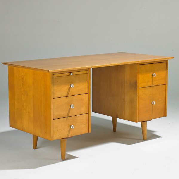 PAUL McCOBB; WINCHENDON: Double-pedestal desk, USA, 1950s; Birch, aluminum; 29 1/2" x 53" x 26"