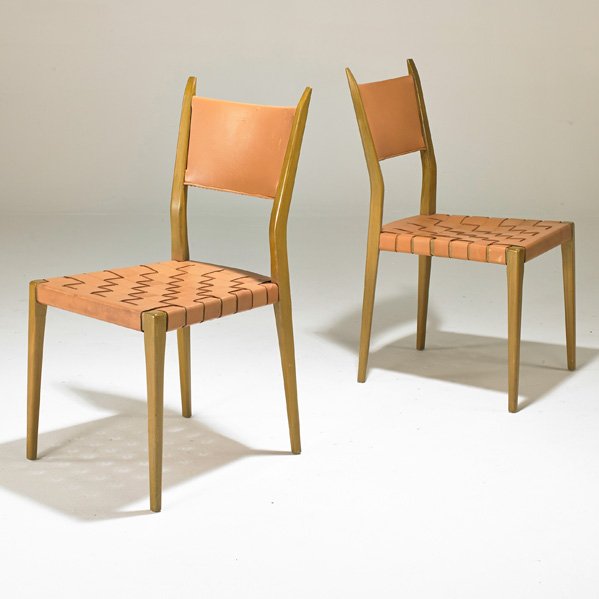 PAUL McCOBB; CALVIN: Pair of side chairs, USA, 1950s; Beech, mahogany, leather; Unmarked; 35 1/2" x 18" x 23"