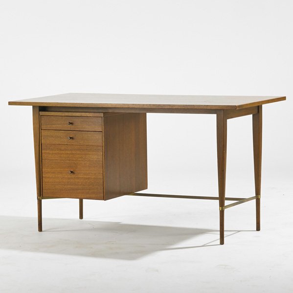 PAUL McCOBB; CALVIN: Single-pedestal desk, Grand Rapids, MI, 1950s; Mahogany, brass; Brass label; 29" x 54" x 26"