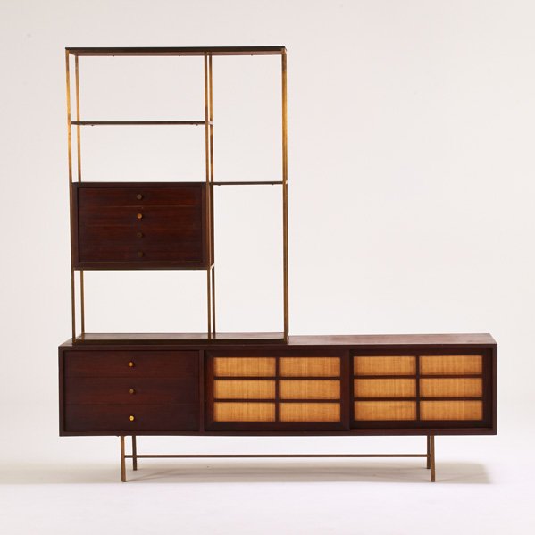 STYLE OF PAUL McCOBB: Cabinet, USA, 1960s; Brass, walnut, canvas; Unmarked; Overall: 72" x 72" x 18"