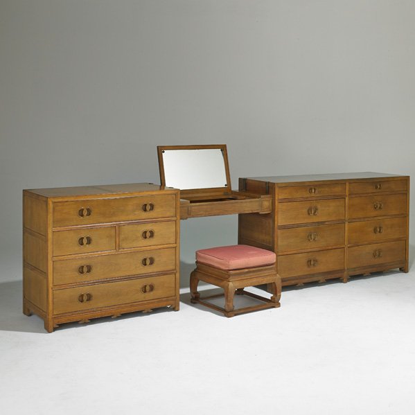 MICHAEL TAYLOR; BAKER: Two dressers, vanity and bench, USA,1960s; Bleached mahogany, upholstery, mirrored glass; Metal labels; Eight drawer dresser: 32" x 56" x 19",overall: 124"