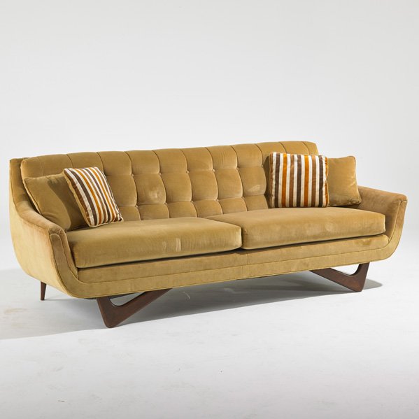 ADRIAN PEARSALL; CRAFT ASSOCIATES: Sofa, Wilkes Barre, PA., 1960s; Cotton velvet, sculpted walnut; Unmarked; 31 1/2" x 85" x 35"