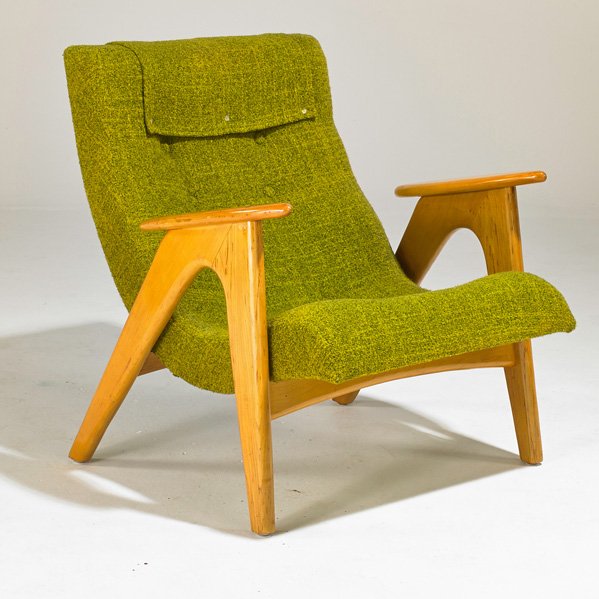 ADRIAN PEARSALL; CRAFT ASSOCIATES: Lounge chair, Wilkes Barre, PA, 1960s; Sculpted birch, upholstery; Unmarked; 31" x 28 1/2" x 33"
