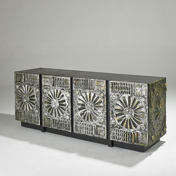 ADRIAN PEARSALL: Credenza, USA, 1970s; Silvered composite, laminate; 26 1/2" x 69" x 18"