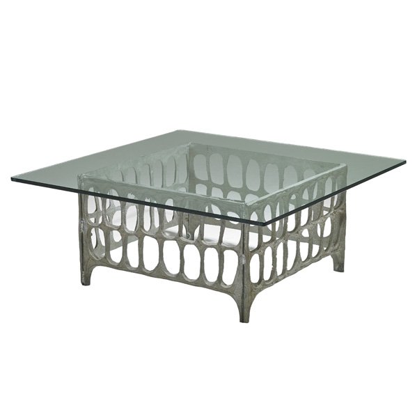 DONALD DRUMM: Coffee table, USA, 1960s; Cast aluminum, glass; Unmarked; 14 3/4" x 35 3/4" sq.