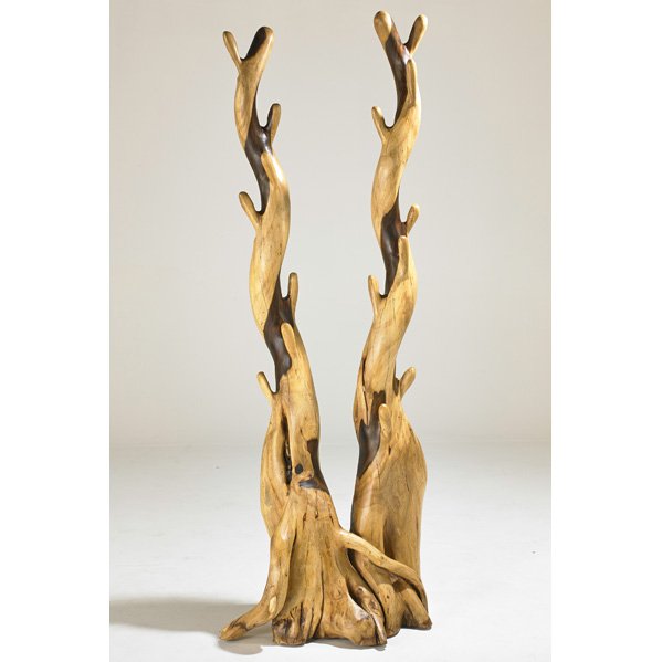 DESIGNER: Carved wood coat rack, USA, 1990s; Unmarked; 75" x 29" x 20"