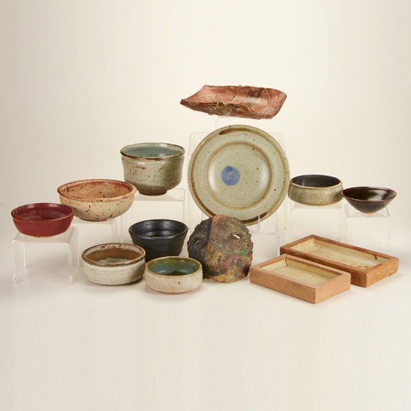 ROBERT TURNER: Thirteen pieces of stoneware, USA, mid-to-late 20th c. : eight bowls, two ashtrays, charger, mask, shallow dish; Most marked, one dated 1952; Tallest: 4 1/4"