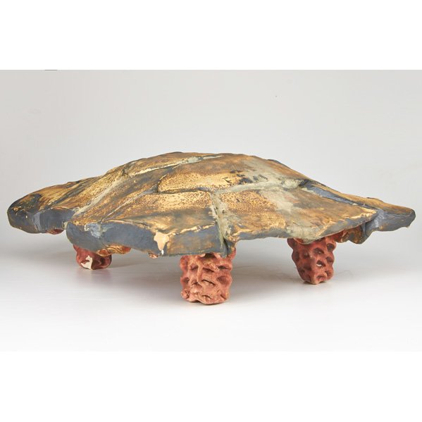 WILLIAM PARRY: Stoneware table with turtle shell design, USA, late-20th c.; Carved initials "WP"; 9" x 28" x 21"