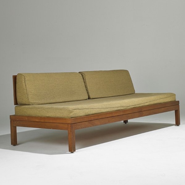 HENDRICK VAN KEPPEL; TAYLOR GREEN (Attr.): Daybed, 1950s; Walnut, enameled metal, upholstery; Unmarked; 28" x 77 1/2" x 32 1/2"