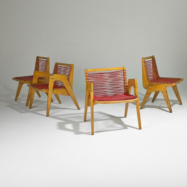 STYLE OF KLAUS GRABE; THE DISPLAYERS: Set of four chairs, 2 arm- and 2 side-, USA, 1950s; Birch, plastic coated rope; Remnants of decals; Arm: 29" x 23" x 22 1/2", side: 31 1/2" x 21" x 21 1/2"