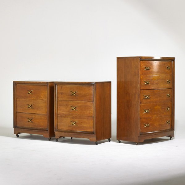 PAUL LASZLO; BROWN & SALTMAN: Three dressers, San Francisco, CA, 1950s; Teak, brass; Stenciled markings; Taller: 51 1/2" x 34" x 20 1/4", smaller: 37" x 30" x 20 1/4"