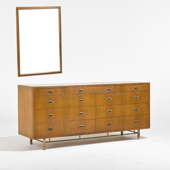 JOHN STUART: Large dresser and mirror, Grand Rapids, MI, 1960s; Walnut, brass; Manufacturer label; 32" x 72" x 20"