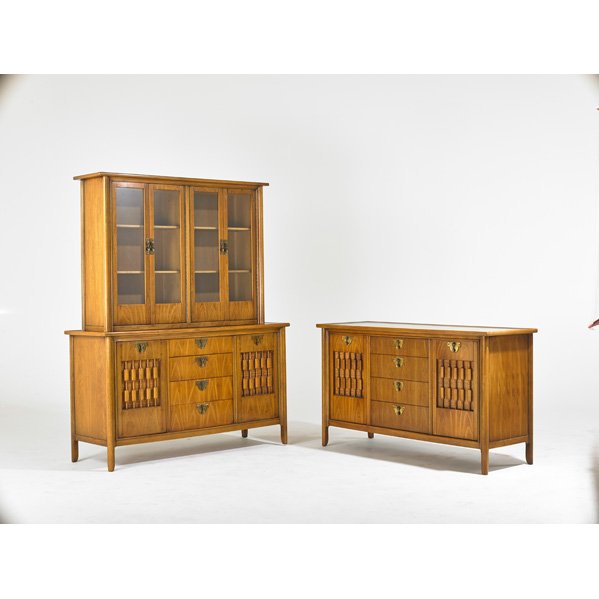 DESIGNER: Breakfront and sideboard, USA, 1960s; Walnut, cane, brass; Unmarked; Breakfront: 72" x 58" x 20", sideboard: 33" X 58" X 20"