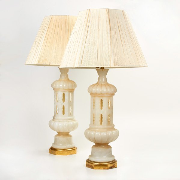 MARBRO LAMP CO.: Pair of table lamps, Los Angeles, CA, mid- to late-20th c.; Carved alabaster, gilded wood, brass, linen; Unmarked; 44 3/4" x 22 1/2" x 22 1/2"