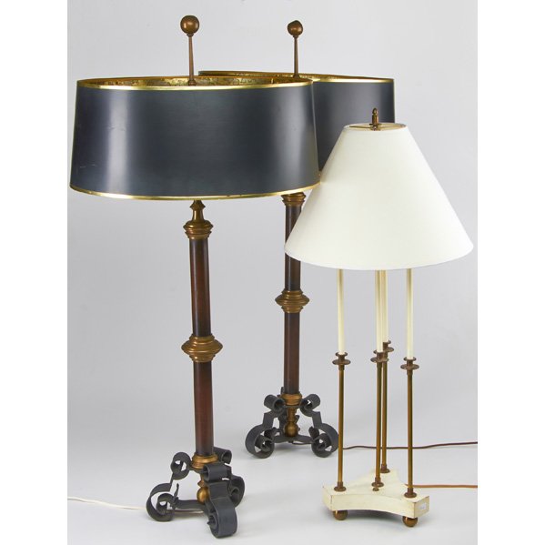 CHAPMAN, ETC.: Three pieces, USA, 20th c.: pair of columnar Chapman two-light table lamps and one three-light table lamp in the style of Tommi Parzinger; One label "Portable lamp / Issue No.52.122 / Chapman"; Talles