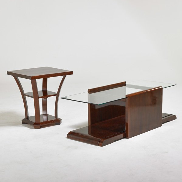 ART DECO: Coffee table and side table, USA, 1920s; Lacquered mahogany, glass; Unmarked; Coffee table: 17 1/2" x 57" x 22", side table: 25 1/4" x 22 1/4" x 22"