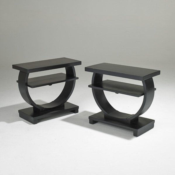 ART DECO: Pair of tiered sofa tables, USA, 1920s; Ebonized wood; Unmarked; Each: 22" x 25" x 12"