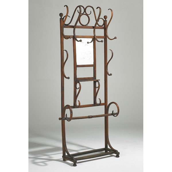 GEBRUDER THONET: Hall tree, Austria, late 1800s; Stained beech, mirrored glass; Remnants of paper label; 80" x 27 1/2" x 12 1/2