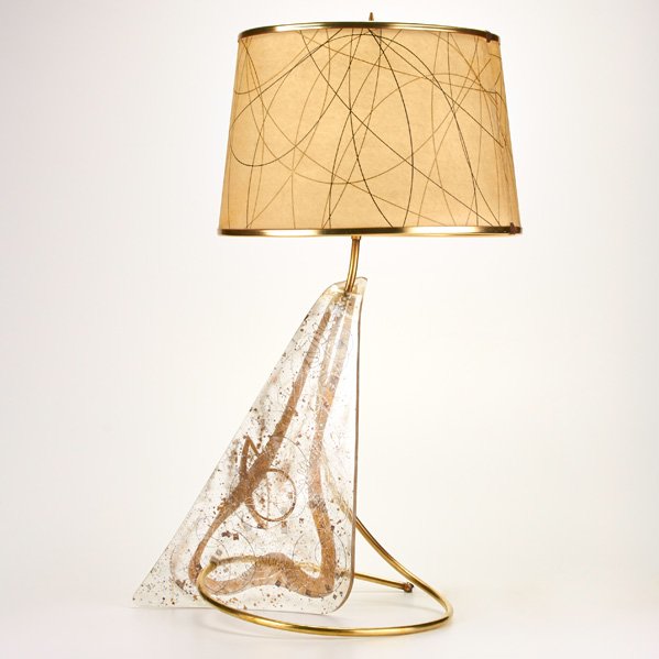 ZAHARA SCHATZ: Table lamp, USA, 1940s; Acrylic, brass, copper, fiberglass, single socket; Unmarked; Overall: 29" x 16" (base)