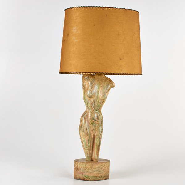 HEIFETZ: Figural table lamp, USA, 1950s; Pickled wood, brass, parchment; Unmarked; 36" x 16" x 12"