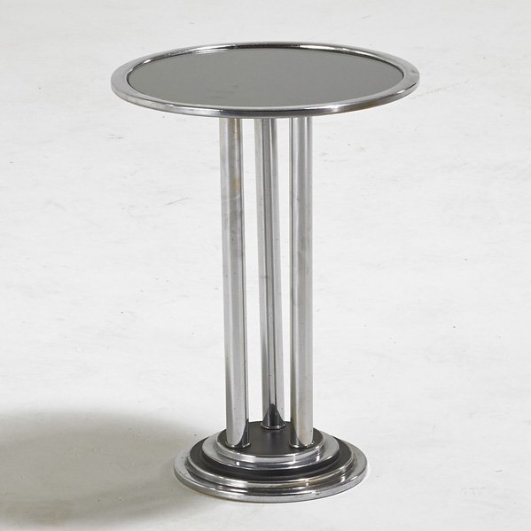 WOLFGANG HOFFMANN; HOWELL: Side table, USA, 1930s; Chromed and enameled steel, reverse painted glass; Unmarked; 18" x 13 1/4" dia.