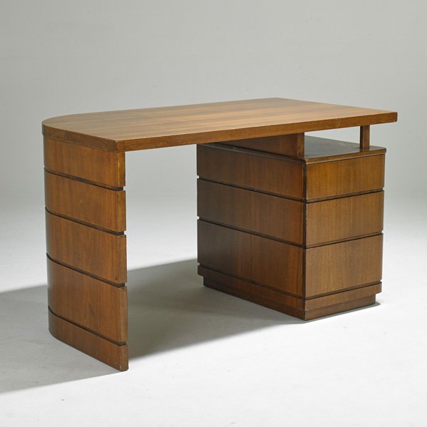DONALD DESKEY: Walnut single-pedestal desk, USA, 1920s; Unmarked; 29" x 48" x 27 1/4"
