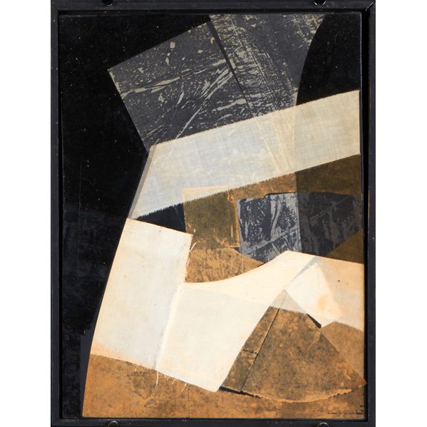 DANTE LEONELLI (Italian, b. 1931 ): Abstract mixed media on panel collage, 1962 (framed); Signed; 13 1/4" x 9 3/4"