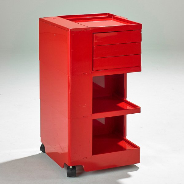 JOE COLOMBO; KARTELL: Bobby work cabinet, Italy/USA, 1990s; Plastic and casters; Raised signature; 29" x 16" x 16 1/2