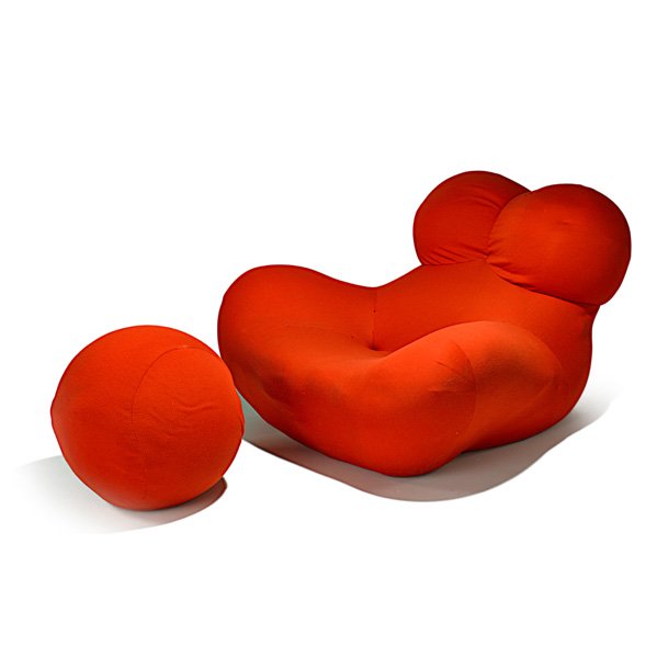 GAETANO PESCE: Up series La Mama bergere (no. 5) and ottoman (no. 6), Italy, 1969; Stretch fabric over foam; Unmarked; Chair: 36 1/2" x 52" x 59", ottoman: 23" dia.
