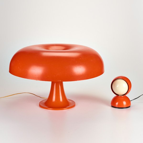 GIANCARLO MATTIOLI; VICO MAGISTRETTI; ARTEMIDE: Two pieces, Italy, ca. 2005; Nesso table lamp and Eclipse desk lamp; Modeled plastic and enameled metal; Both marked; Tallest: 14" x 22" dia.