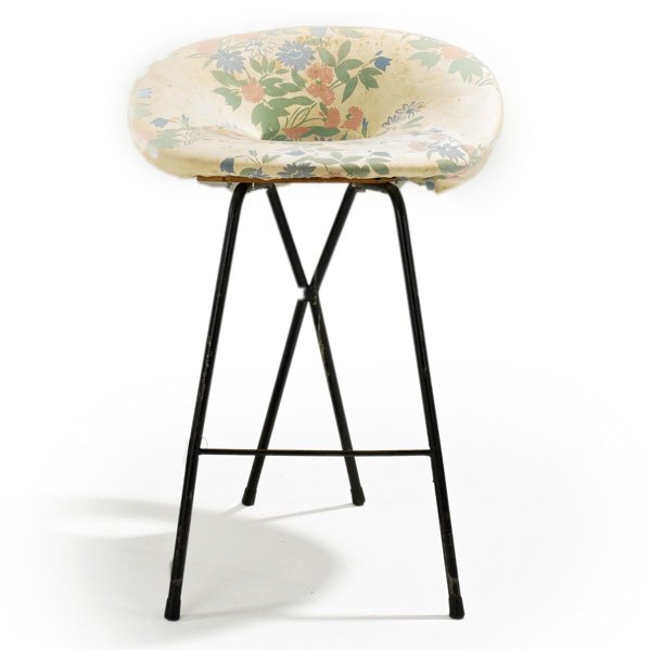 ITALIAN: Bar stool, 1950s; Enameled iron and upholstery; Unmarked; 34" x 24" x 18"