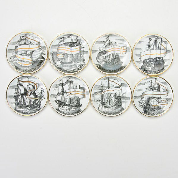 PIERO FORNASETTI: Set of eight "Velieri" coasters, Italy, 20th c.; All marked; Each: 4" dia.