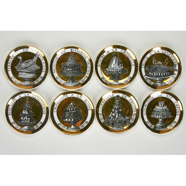 PIERO FORNASETTI: Set of eight "Pranzo" coasters, Italy, 20th c.; All marked; Largest: 4" dia.
