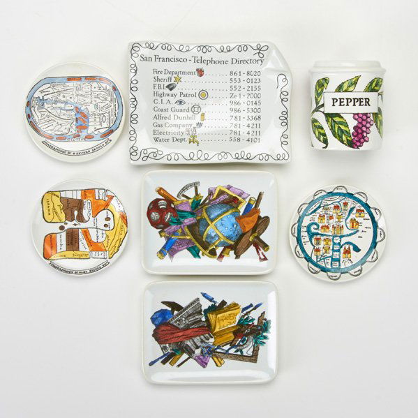 PIERO FORNASETTI: Seven ceramic pieces, Italy, 20th c.; Three ashtrays, three "Antichi Planisferi" ("Ancient World Maps") coasters, and one pepper pot; All marked; Tallest: 3 1/2"