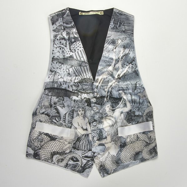 PIERO FORNASETTI: Six block-printed garments: four ties, one scarf, and one vest with underwater theme, Italy, mid-1980s; Silk; All marked; Largest: 34 1/2" x 33"