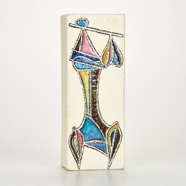 FANTONI: Vase, Italy, ca. 1950s; White with high-gloss turquoise interior; Decorated with cubist figures playing flutes; Signed "Fantoni Italy"; 11" x 4 1/2"