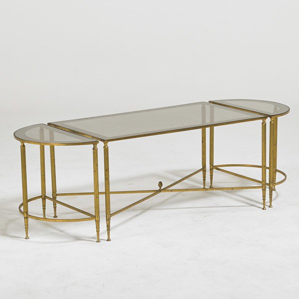 LA BARGE: Coffee table and matching demi lune side tables, France, 1960s; Brass, mirrored glass; Unmarked; Coffee table: 17" x 33 1/2" x 19" side tables: 17" x 19" x 9 1/4"