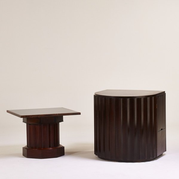 GROSFELD HOUSE: Cabinet and side table, USA, 1940s; Stained and lacquered mahogany, painted glass, brass; Unmarked; Cabinet: 30 1/2" x 30" x 30 1/2", side table: 21 1/2" x 28 3/4" sq.