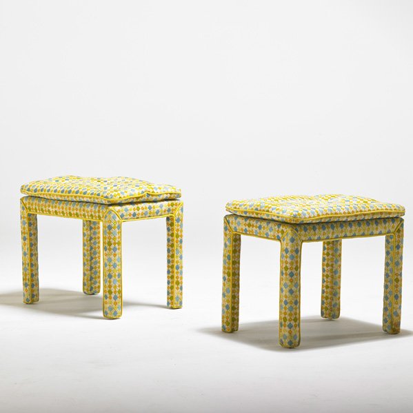 BILLY BALDWIN: Pair of upholstered benches, USA, 1960s; Unmarked; Each: 19 1/2" x 22" x 15 1/2"