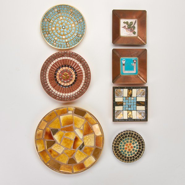 MOSAIC AND COPPER TABLEWARE: Seven pieces, USA/Japan, 20th c. ; Most mounted on patinated metal backings; Some marked including: Mosaic Art Center (Lake Wales, FL), Desert House Crafts (Tucson, AZ), and Nevco (Japan); Largest: 12