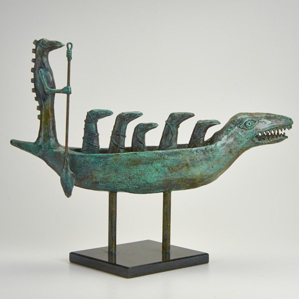 LEONORA CARRINGTON (Attr.): Bronze sculpture with green patina on marble base, USA, 1990s; "Cocodrilos Sueños I" / "Crocodile Dreams I"; inscribed "Leonora Carrington"; 17 1/4" x 16 1/2" x 13"