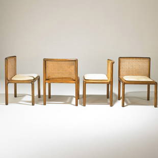 PHILLIP ENFIELD: Set of four side chairs, New York, 1960s; Stained oak, woven wicker, upholstery; Unmarked; 32" x 24" x 23"; Provenance: collection of Elizabeth Enfield