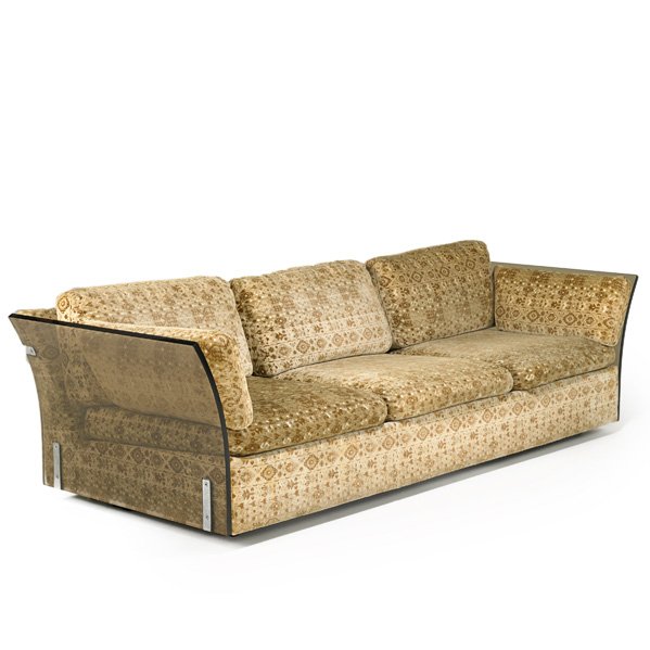 MILO BAUGHMAN: Three-seat sofa, Highpoint, NC, 1970s; Tinted acrylic, chromed steel, cut velvet upholstery; Manufacturer's paper label; 26" x 89" x 33 1/2"