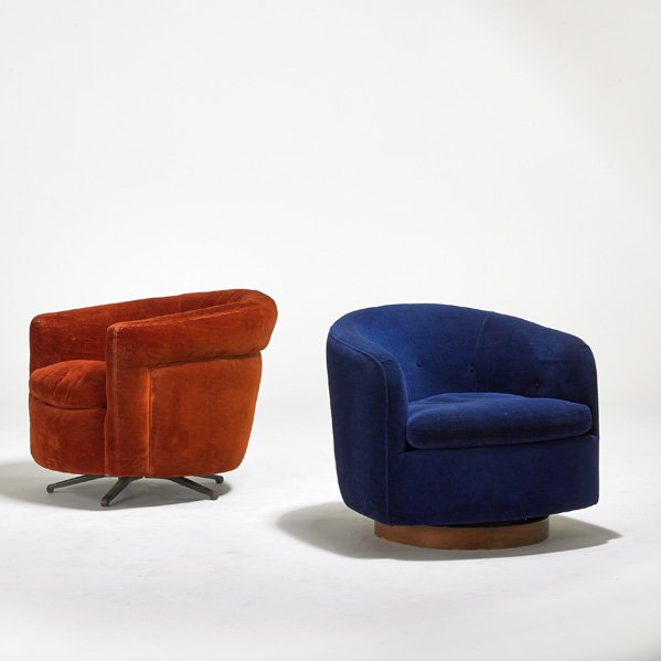 MILO BAUGHMAN; THAYER COGGIN: Two tilt/swivel lounge chairs, High Point, NC, 1970s; Velour, walnut, painted metal; One upholstery label; Each: 27" x 29" x 31"
