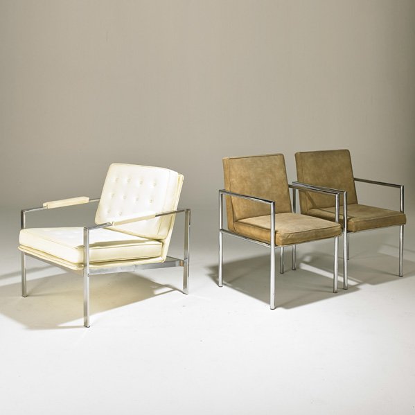 STYLE OF MILO BAUGHMAN: Three lounge chairs, USA, 1970s; Chromed steel, upholstery; Unmarked; Largest: 30" x 29" x 34"