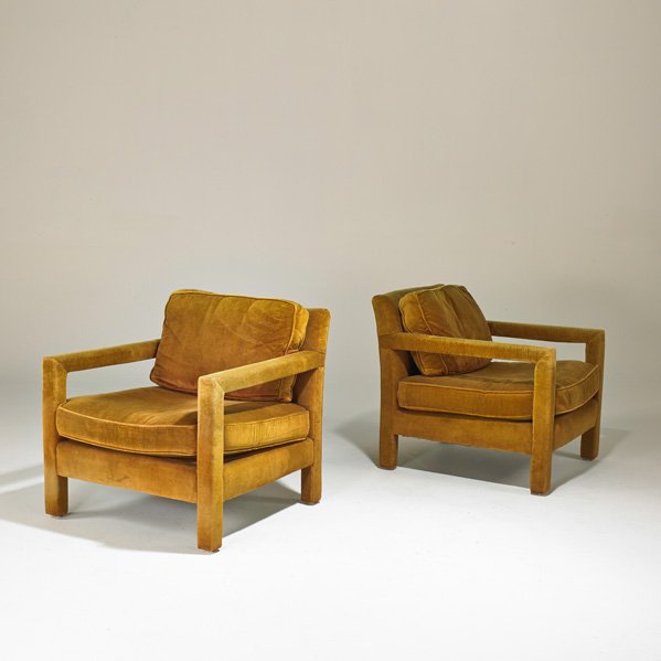 MILO BAUGHMAN; THAYER COGGIN: Pair of open-arm lounge chairs, USA, 1970s; Upholstery; Unmarked; 29" x 29 1/2" x 34 1/2"